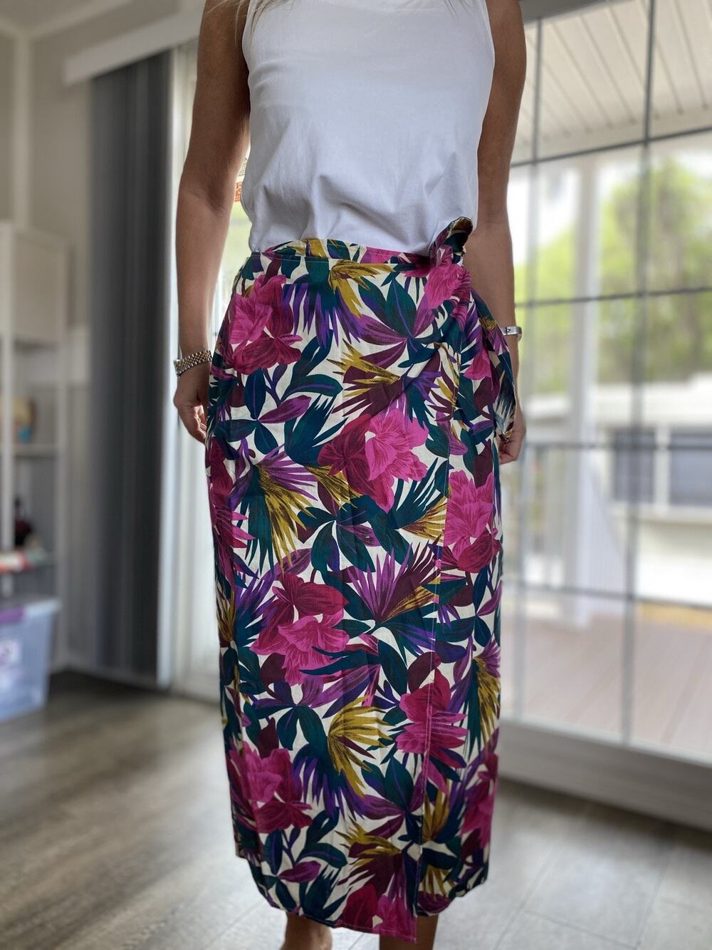 BENTLEY ARBUCKLE Tropical Print Pink Green Buckle Wrap Skirt maxi Cotton 6
